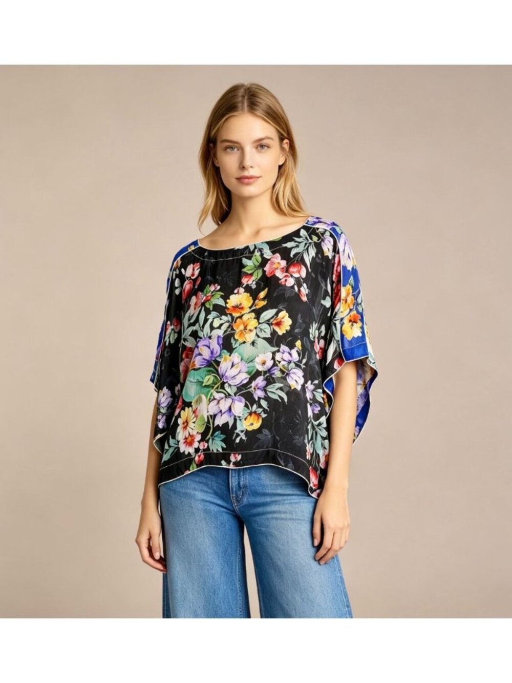NWOT Johnny Was Sky Verity Printed Colorblock Kimono Sleeve Floral Blouse Size S